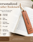 Personalized leather bookmark on an open book with product details.