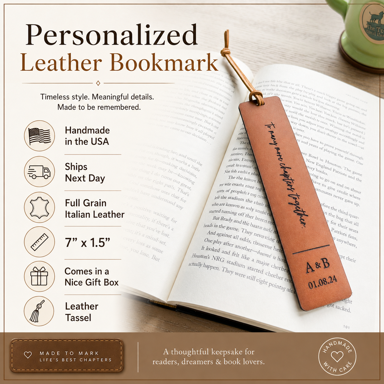 Personalized leather bookmark on an open book with product details.