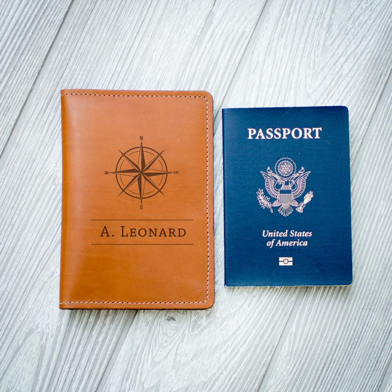 Personalized Leather Passport Wallet - Engraved Compass with Name
